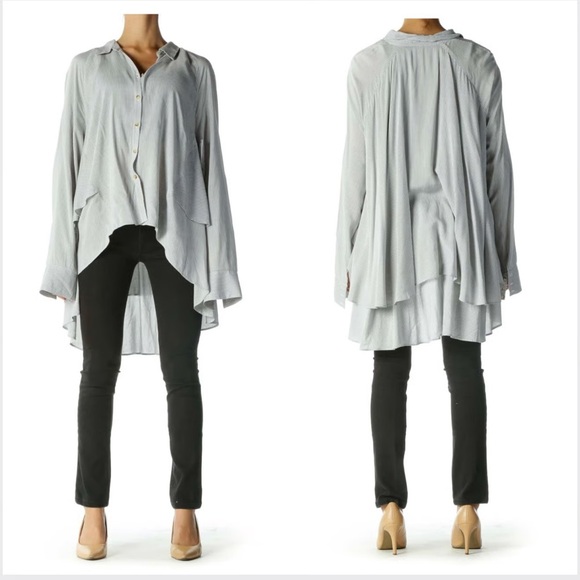 Free People Gray And White Hi-Low Flowy Assymetrical Striped Button Down Shirt - Picture 2 of 11